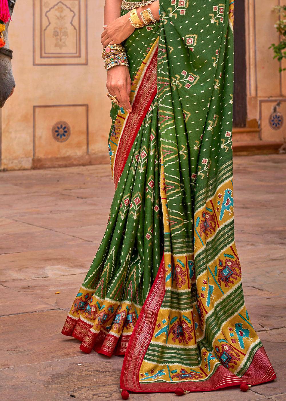 Forest Green Patola Printed Designer Silk Saree | Stitched Blouse - qivii