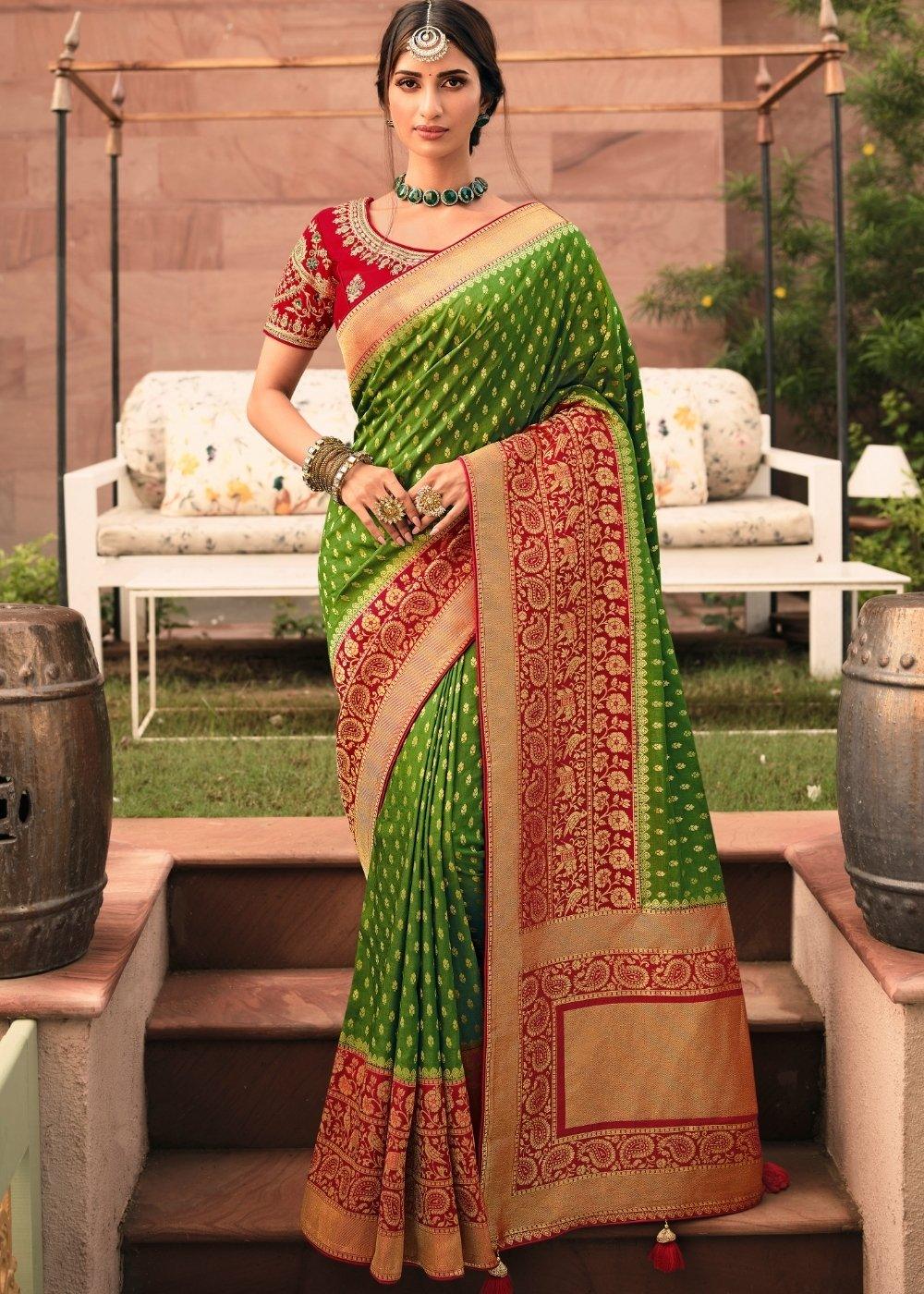 Forest Green Woven Banarasi Silk Saree with Embroidered Blouse | Stitched Blouse - qivii