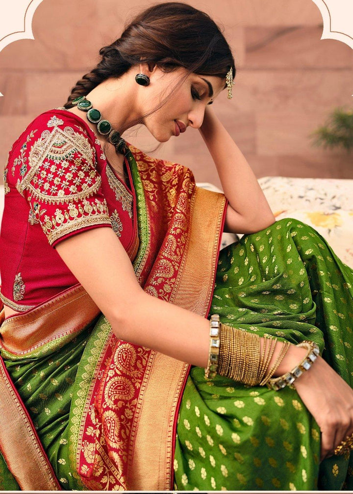 Forest Green Woven Banarasi Silk Saree with Embroidered Blouse | Stitched Blouse - qivii