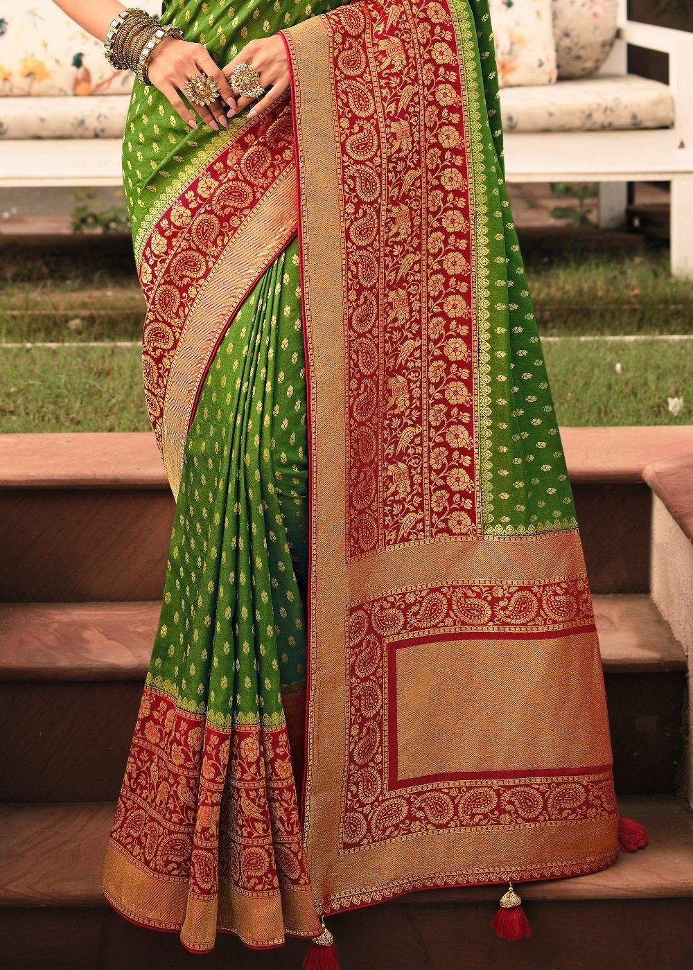 Forest Green Woven Banarasi Silk Saree with Embroidered Blouse | Stitched Blouse - qivii