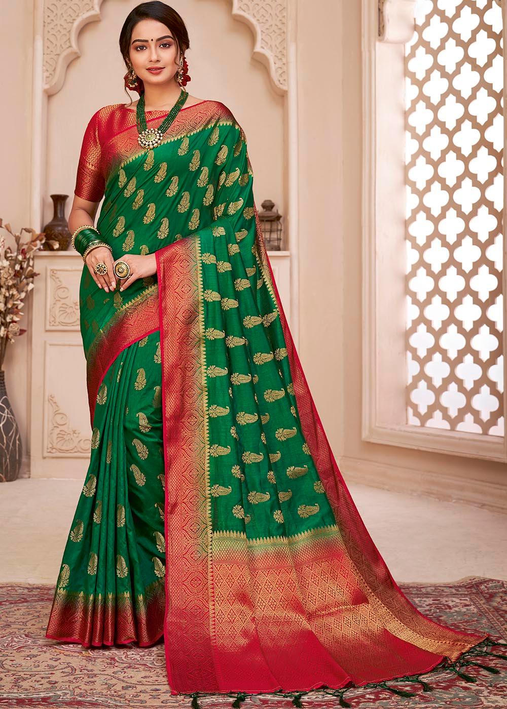 Forest Green Woven Banarasi Silk Saree with Overall Butti work | Stitched Blouse - qivii