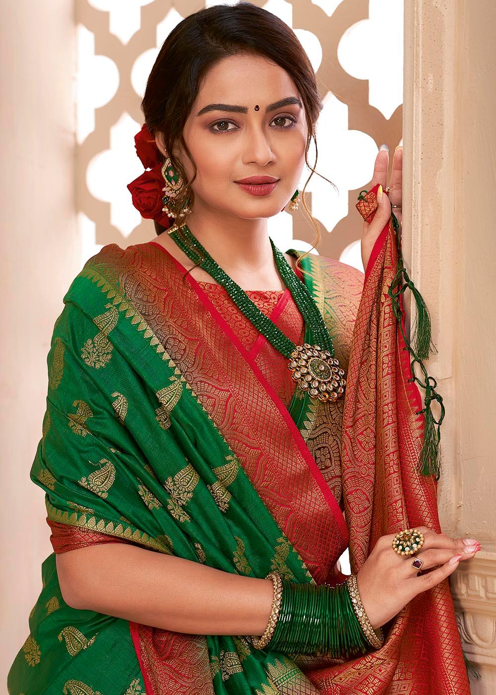 Forest Green Woven Banarasi Silk Saree with Overall Butti work | Stitched Blouse - qivii