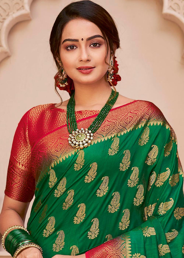 Forest Green Woven Banarasi Silk Saree with Overall Butti work | Stitched Blouse - qivii