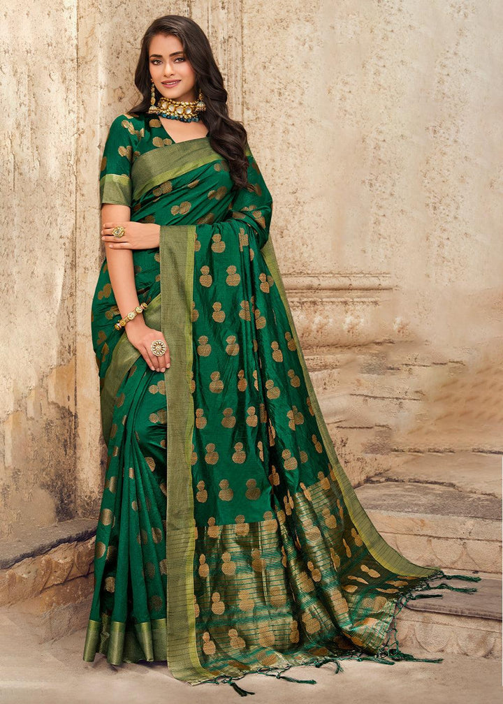 Forest Green Zari Butta Woven Raw Banarasi Silk Saree | Stitched Blouse - qivii