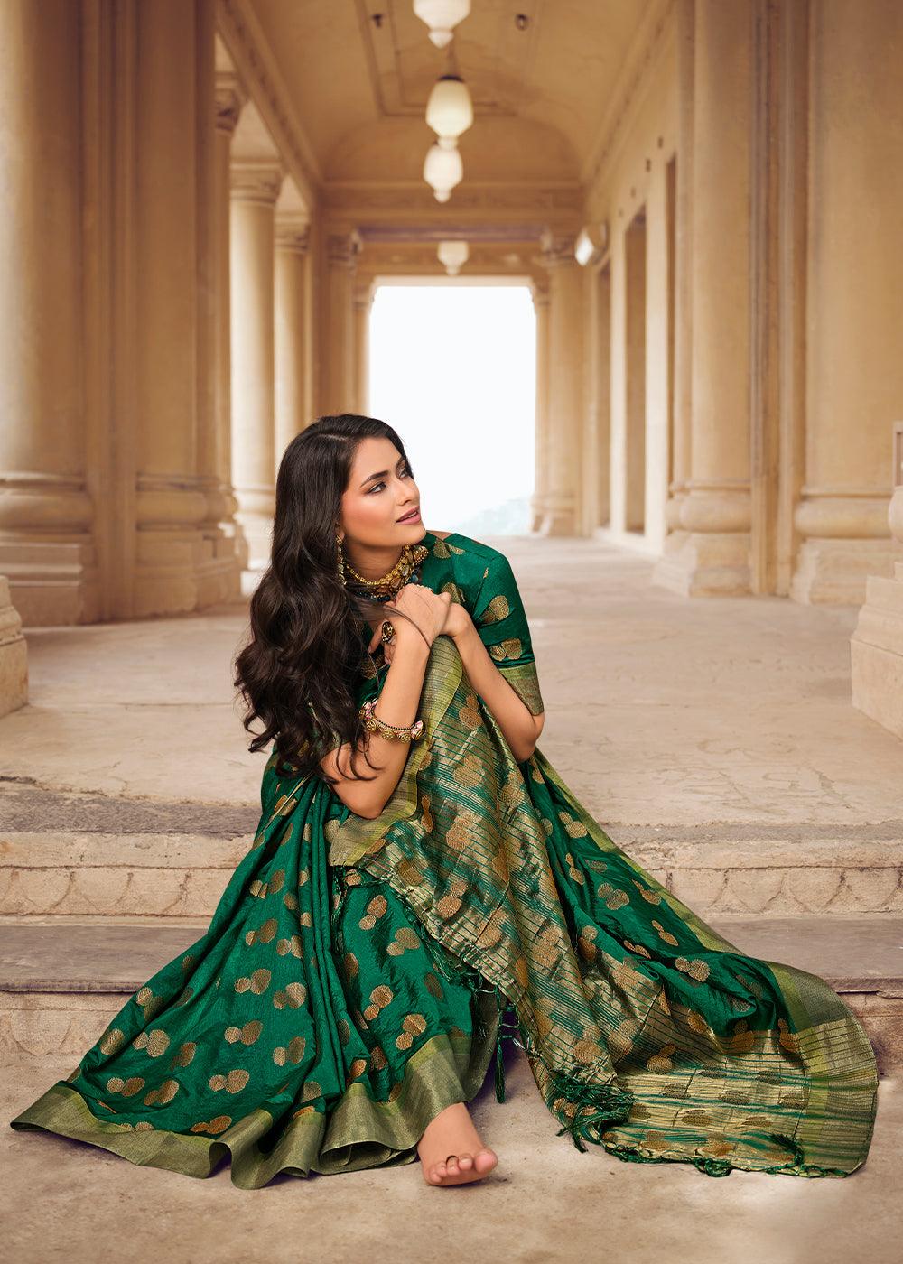 Forest Green Zari Butta Woven Raw Banarasi Silk Saree | Stitched Blouse - qivii