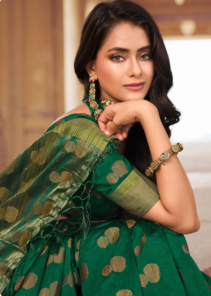 Forest Green Zari Butta Woven Raw Banarasi Silk Saree | Stitched Blouse - qivii