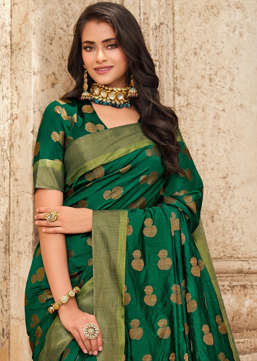 Forest Green Zari Butta Woven Raw Banarasi Silk Saree | Stitched Blouse - qivii