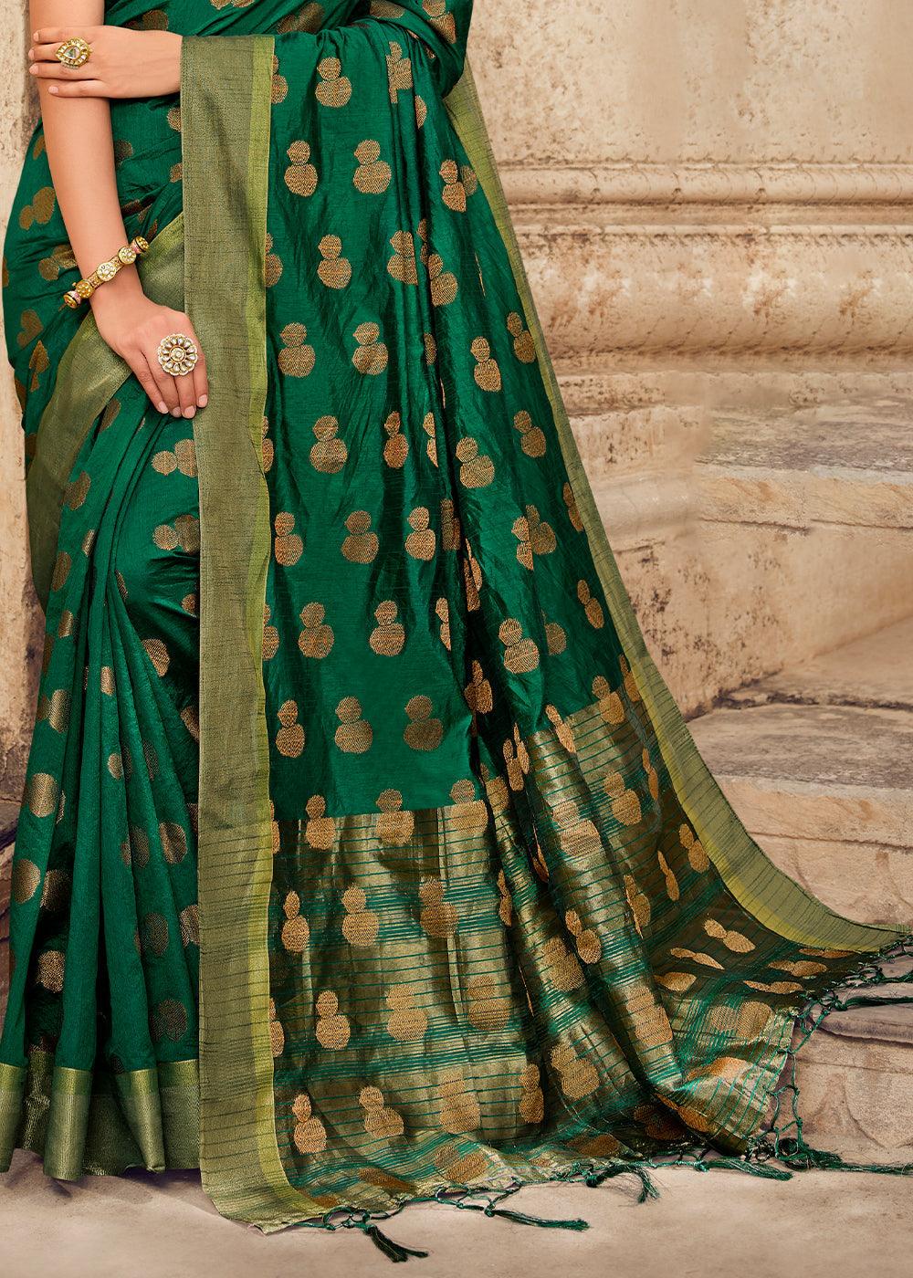 Forest Green Zari Butta Woven Raw Banarasi Silk Saree | Stitched Blouse - qivii