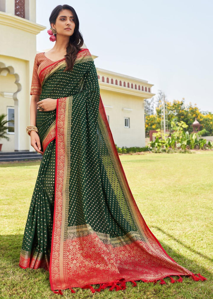 Forest Green Zari Woven Georgette Saree with Contrast Blouse & Pallu - qivii