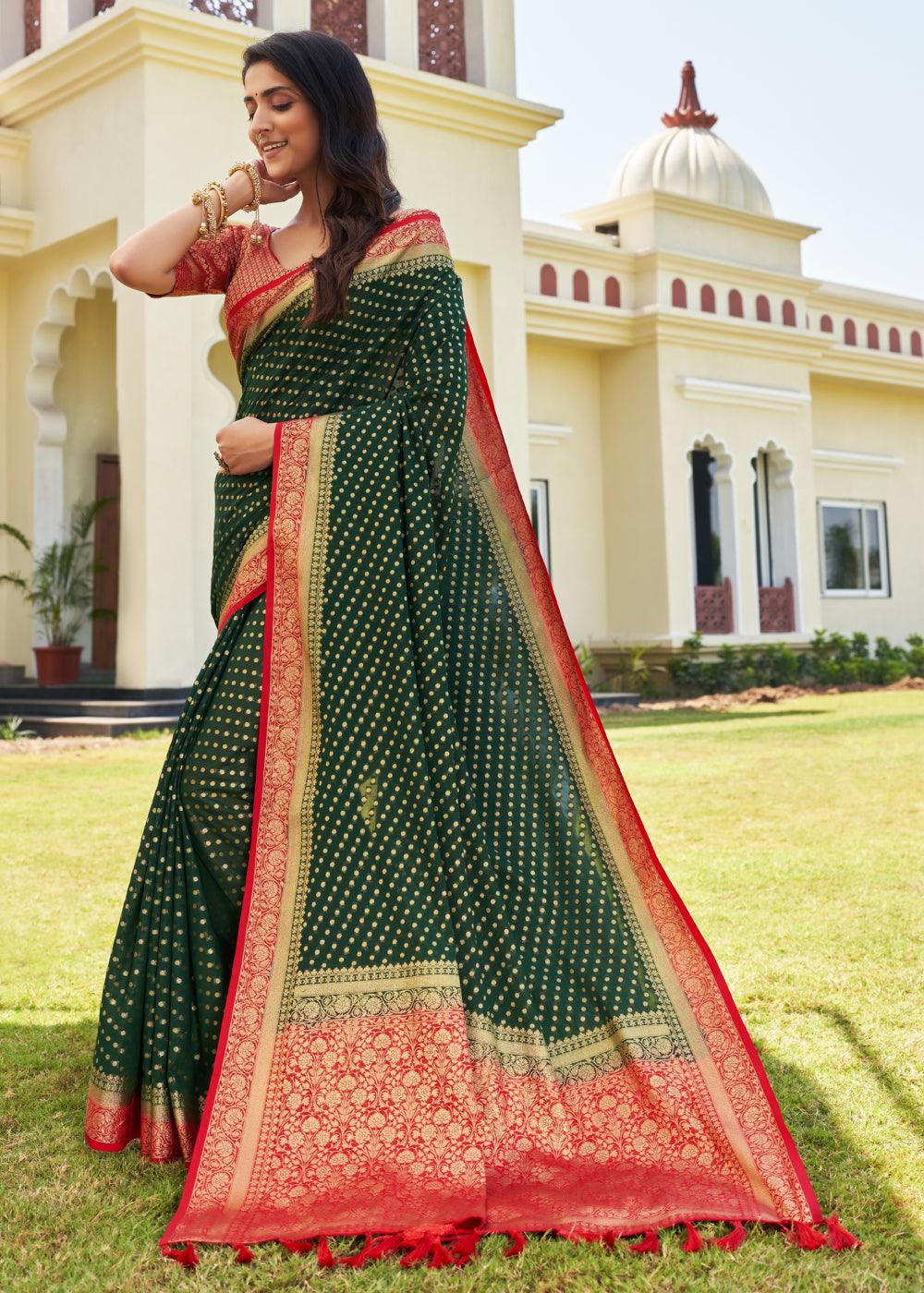 Forest Green Zari Woven Georgette Saree with Contrast Blouse & Pallu - qivii