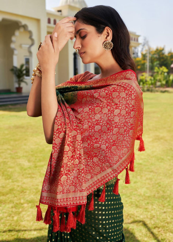 Forest Green Zari Woven Georgette Saree with Contrast Blouse & Pallu - qivii