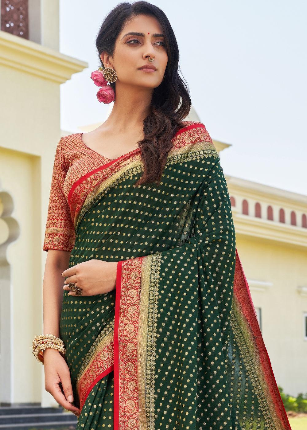 Forest Green Zari Woven Georgette Saree with Contrast Blouse & Pallu - qivii