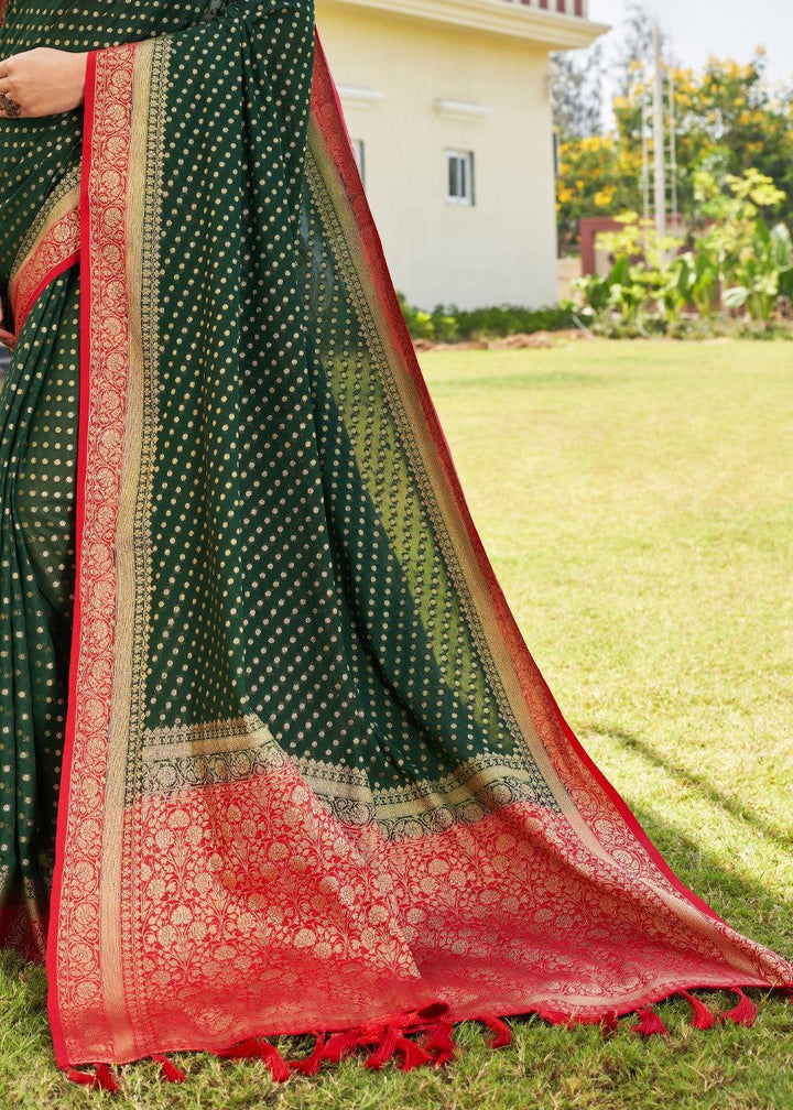 Forest Green Zari Woven Georgette Saree with Contrast Blouse & Pallu - qivii