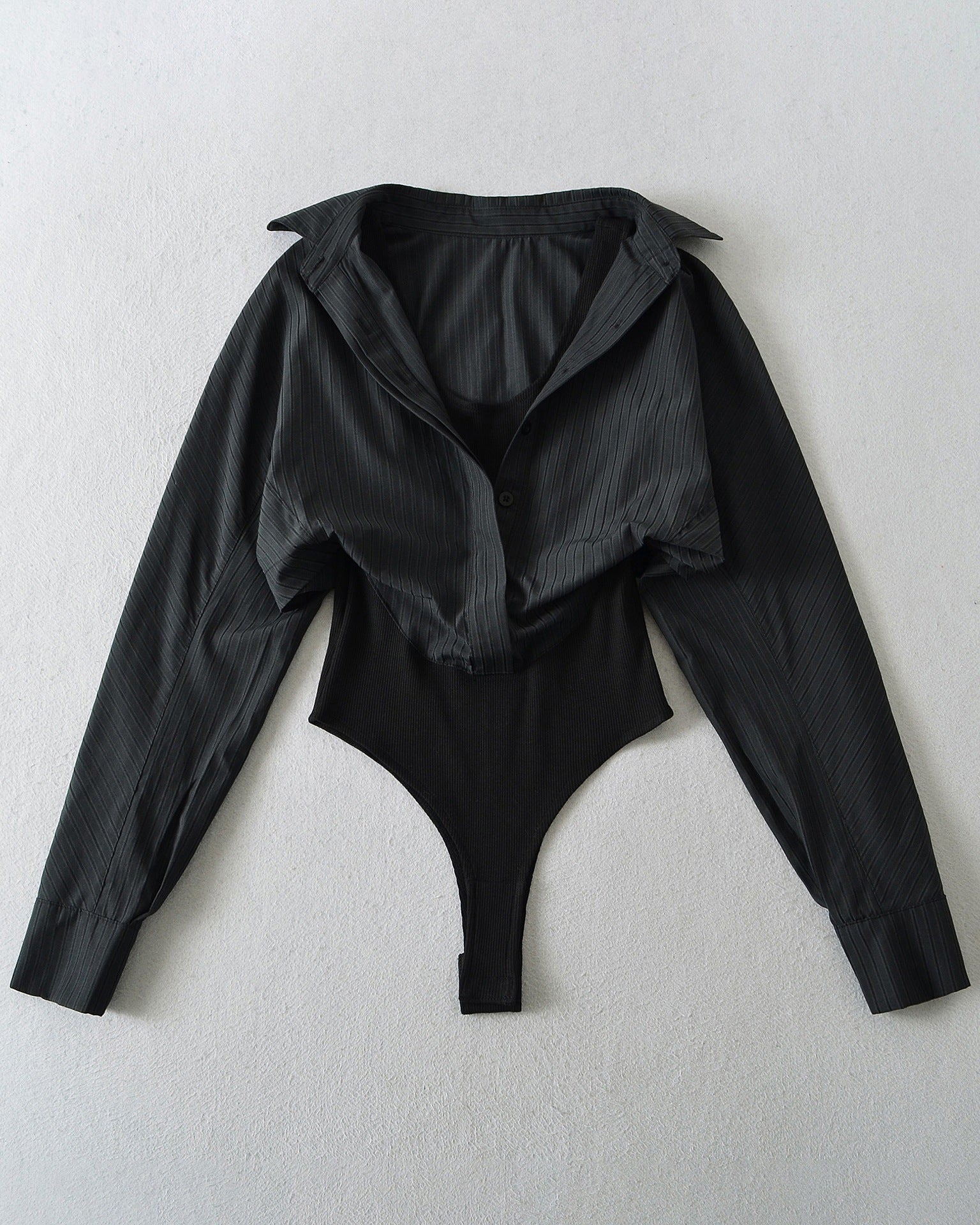 Solid Casual Button Up Shirt Bodysuit  - By Qivii