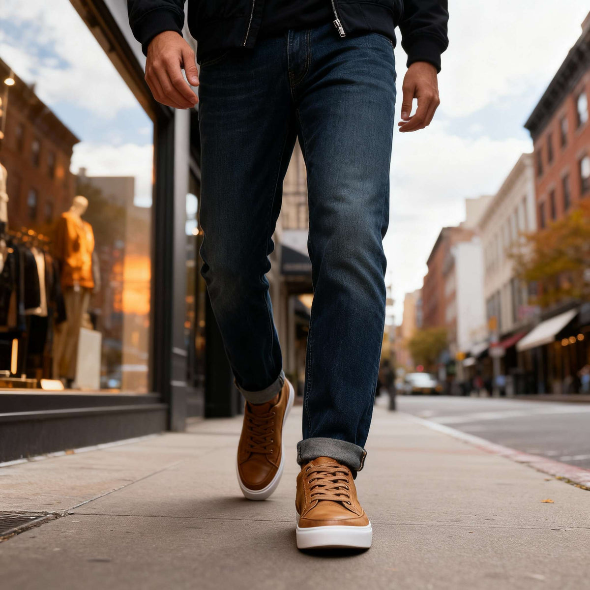 Men's leather sneakers by Qivii, branded Hudson Ridge, displayed in a fashionable urban setting during daytime.