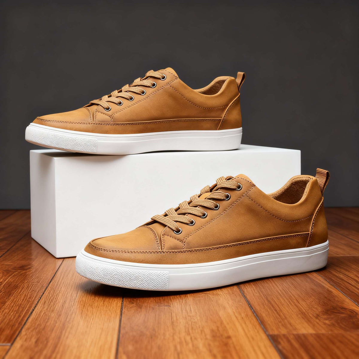 Close-up of Charles Ray men's leather sneakers by Hudson Ridge, showcasing detailed craftsmanship and sleek design.