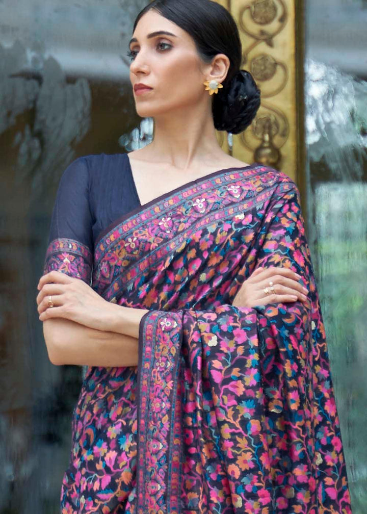 French Navy Blue Banarasi Jamawar Woven Silk Saree : Top Pick | Stitched Blouse - qivii