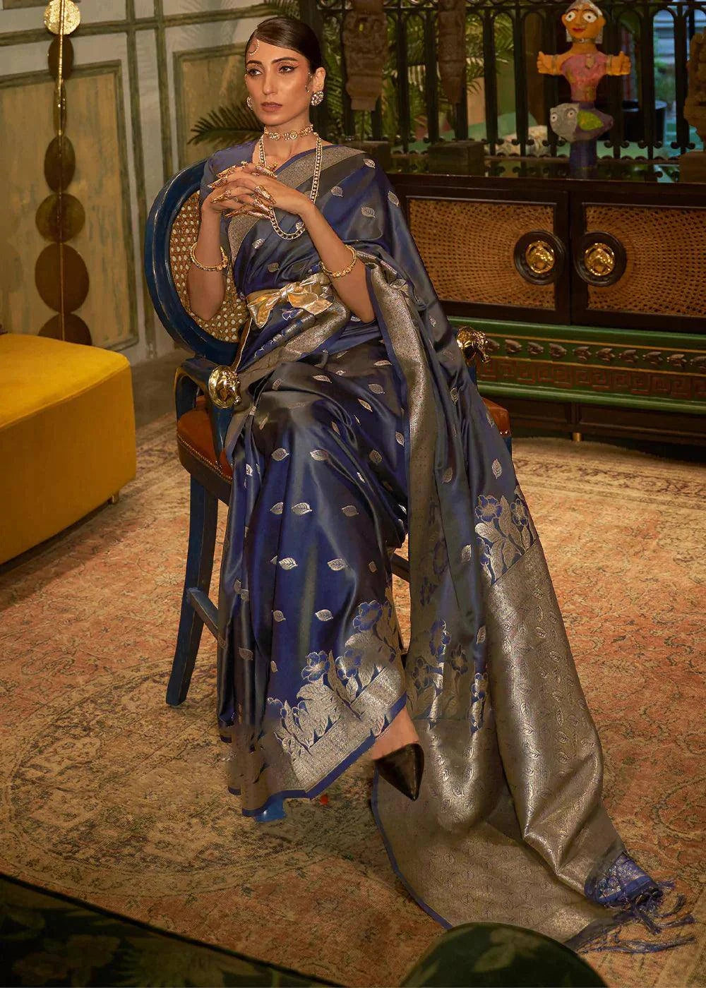 French Navy Blue Zari Woven Satin Silk Saree | Stitched Blouse - qivii