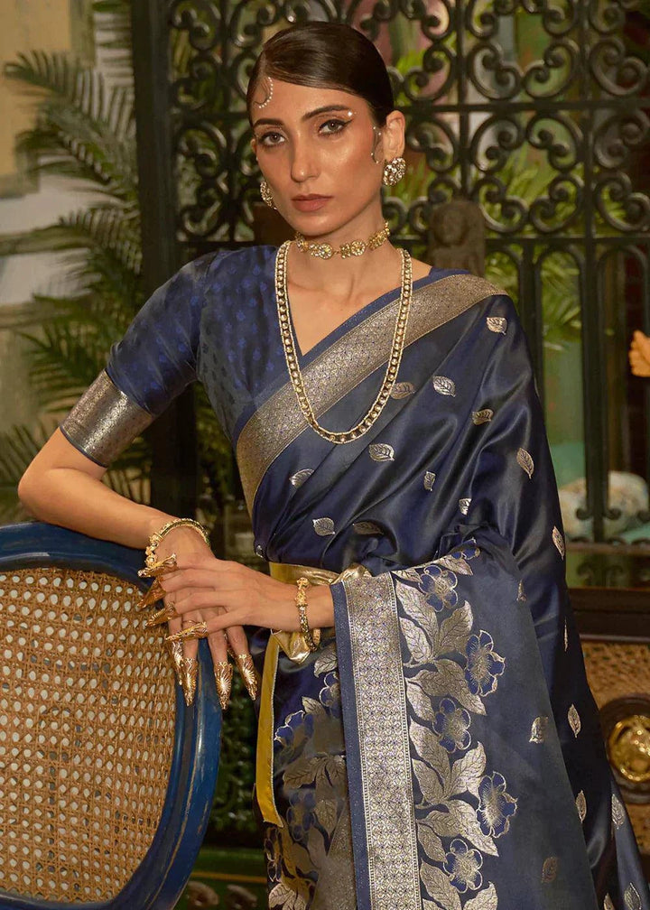 French Navy Blue Zari Woven Satin Silk Saree | Stitched Blouse - qivii