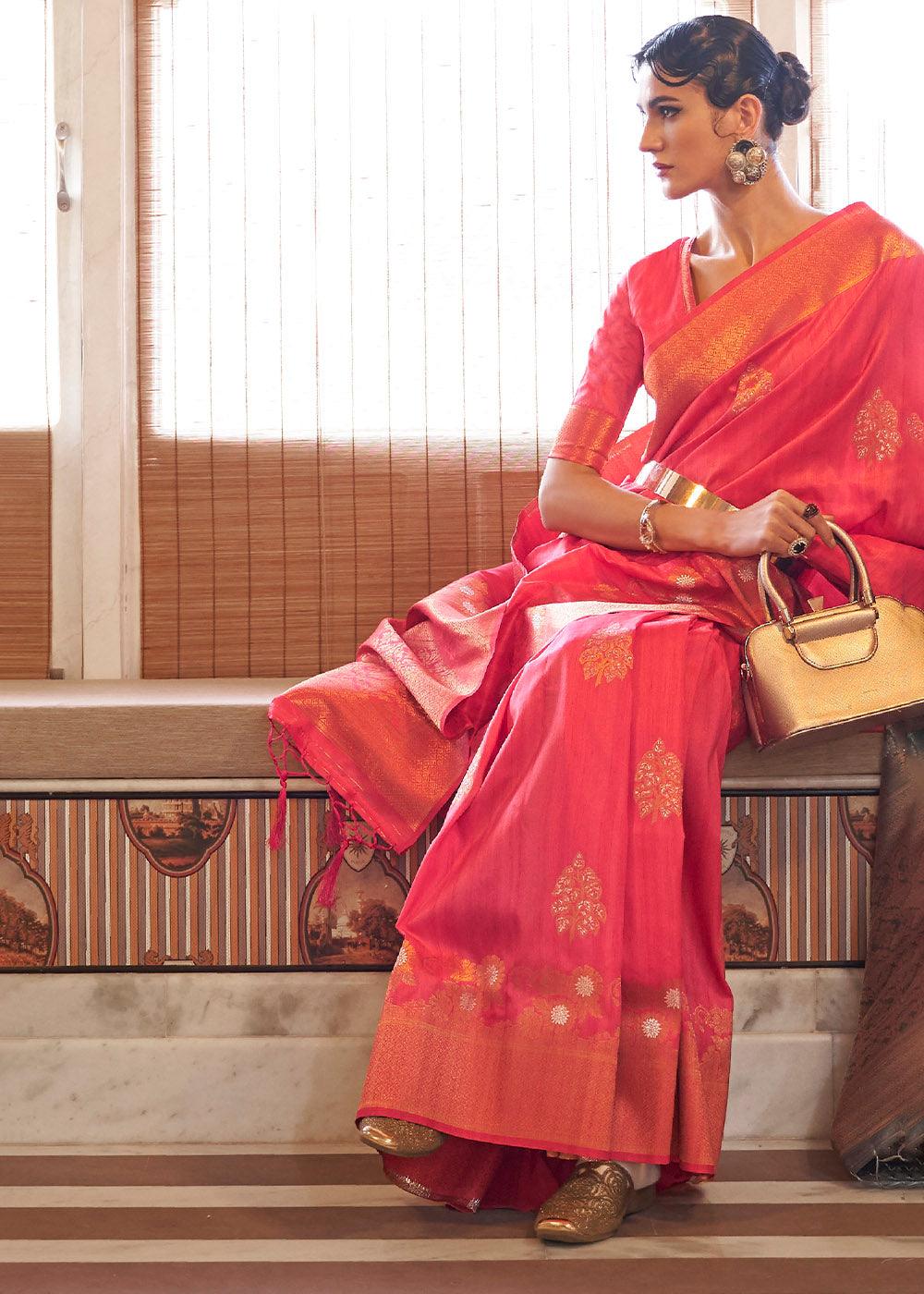 French Pink Copper Zari Woven Tussar Silk Saree | Stitched Blouse - qivii