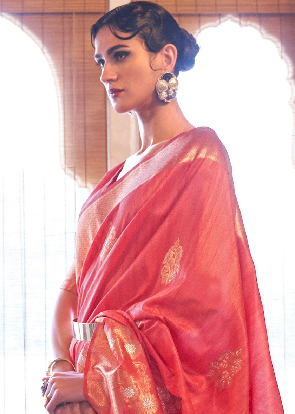 French Pink Copper Zari Woven Tussar Silk Saree | Stitched Blouse - qivii