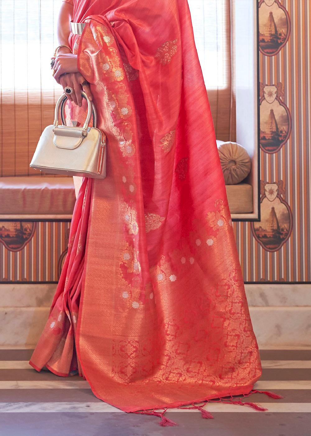 French Pink Copper Zari Woven Tussar Silk Saree | Stitched Blouse - qivii