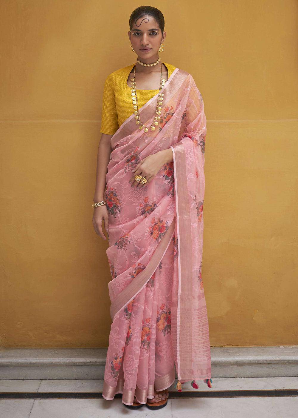 French Pink Digital Print Tissue Silk Saree | Stitched Blouse - qivii