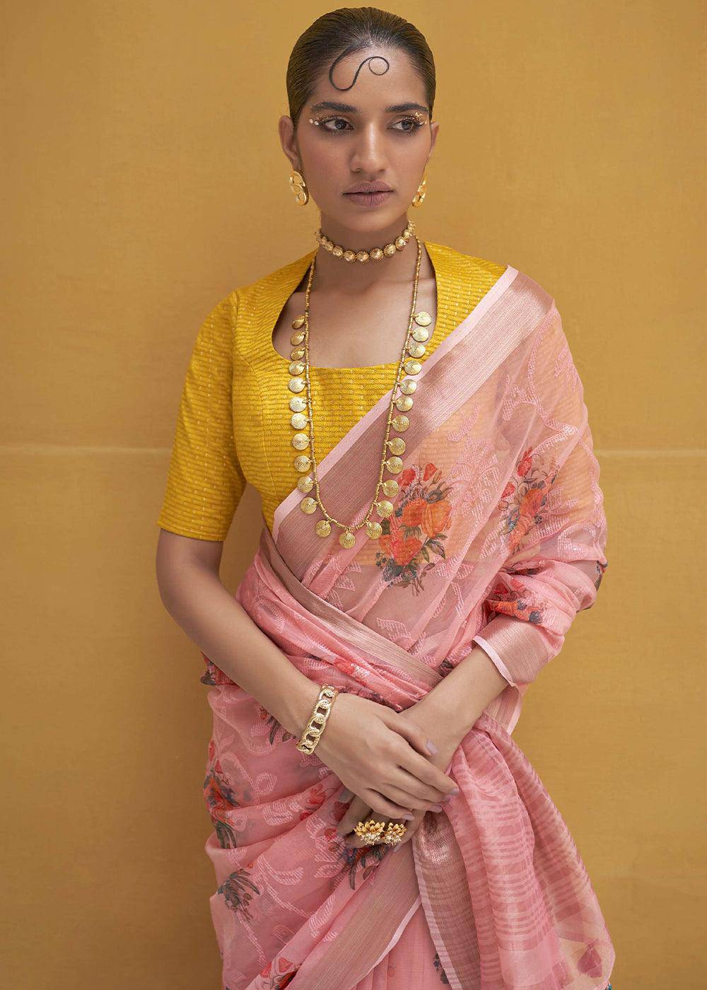 French Pink Digital Print Tissue Silk Saree | Stitched Blouse - qivii