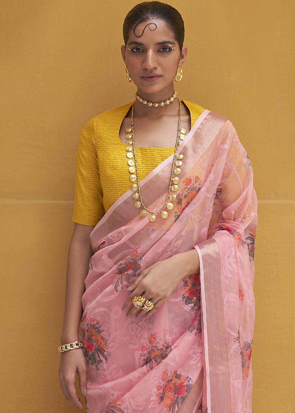 French Pink Digital Print Tissue Silk Saree | Stitched Blouse - qivii