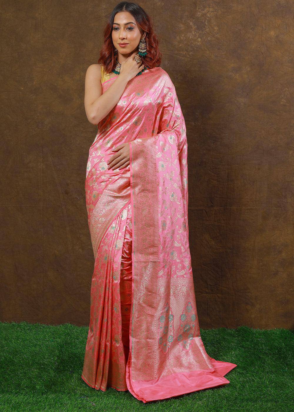 French Pink Hand Woven Pure Katan Silk Saree | Stitched Blouse - qivii