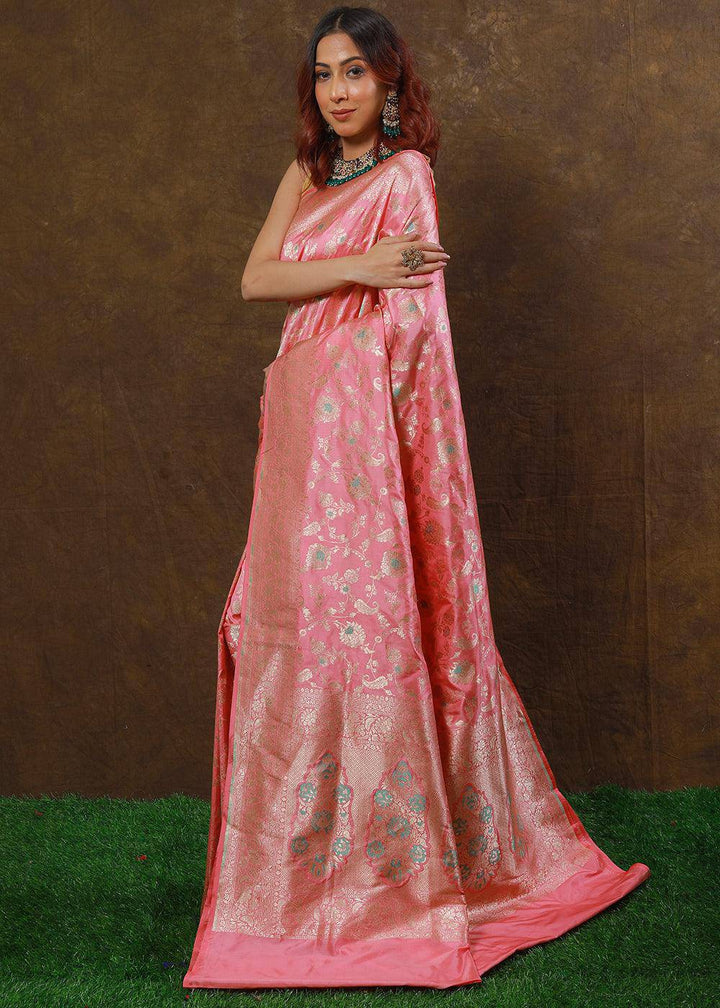 French Pink Hand Woven Pure Katan Silk Saree | Stitched Blouse - qivii