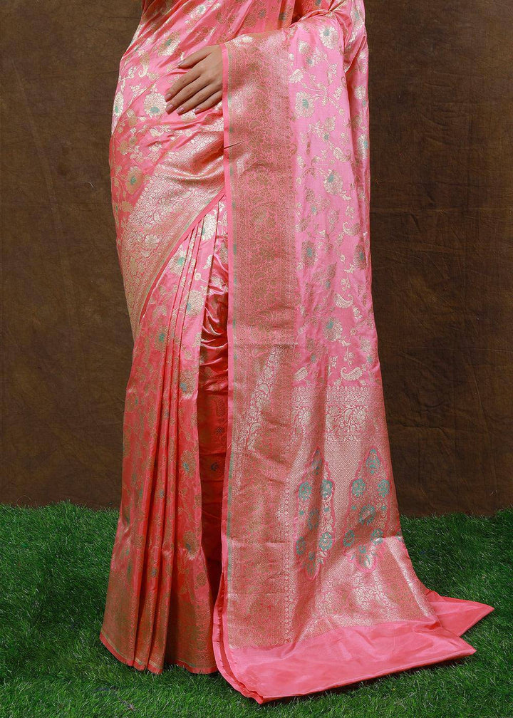 French Pink Hand Woven Pure Katan Silk Saree | Stitched Blouse - qivii