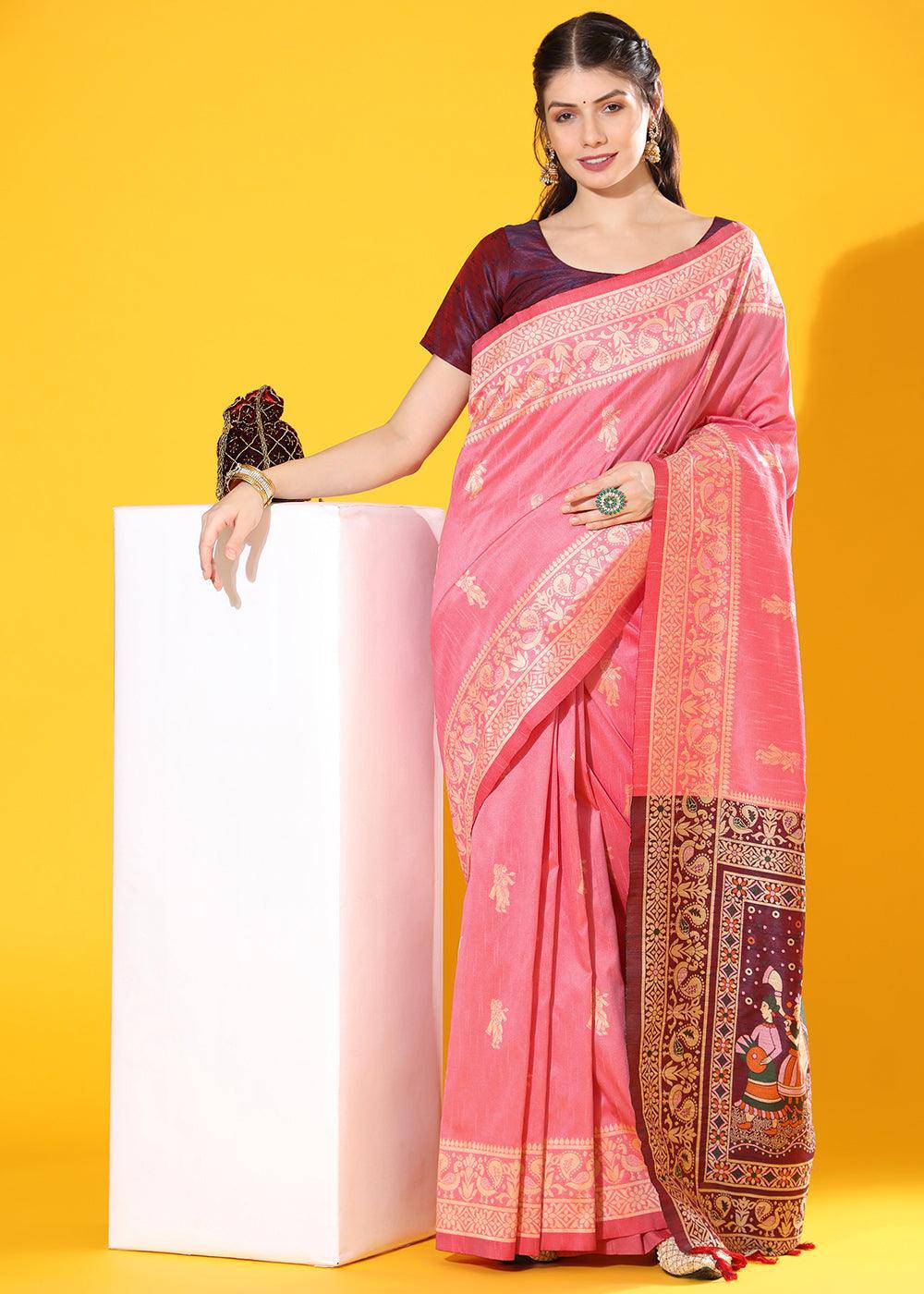 French Pink Kalamkari Woven Handloom Raw Silk Saree | Stitched Blouse - qivii