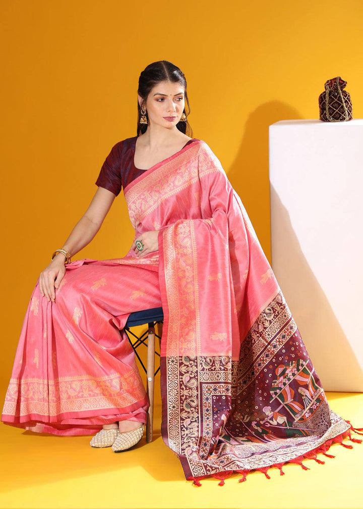 French Pink Kalamkari Woven Handloom Raw Silk Saree | Stitched Blouse - qivii