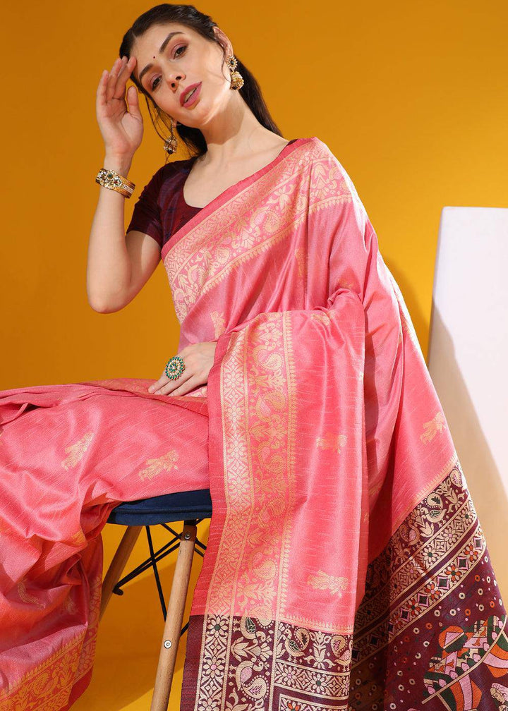 French Pink Kalamkari Woven Handloom Raw Silk Saree | Stitched Blouse - qivii