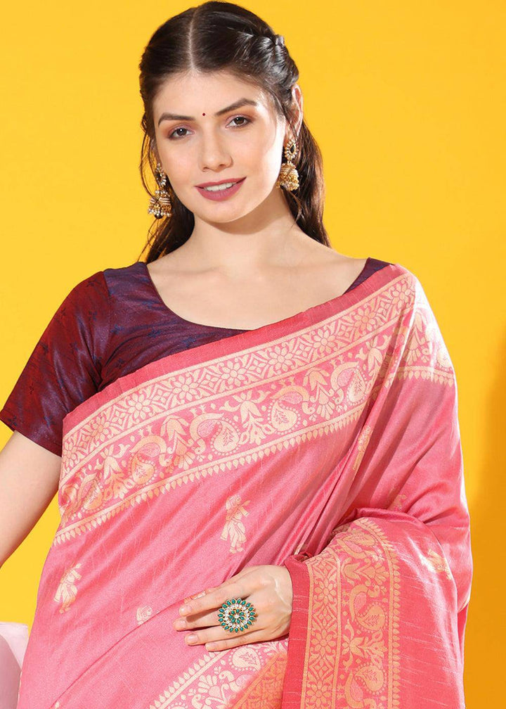 French Pink Kalamkari Woven Handloom Raw Silk Saree | Stitched Blouse - qivii