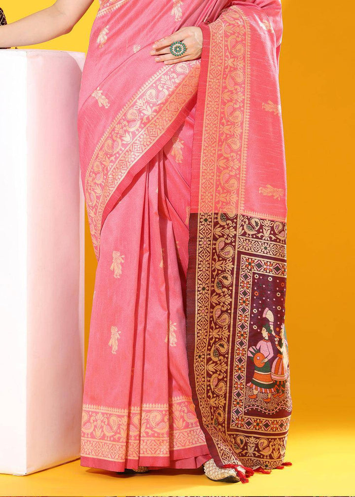 French Pink Kalamkari Woven Handloom Raw Silk Saree | Stitched Blouse - qivii