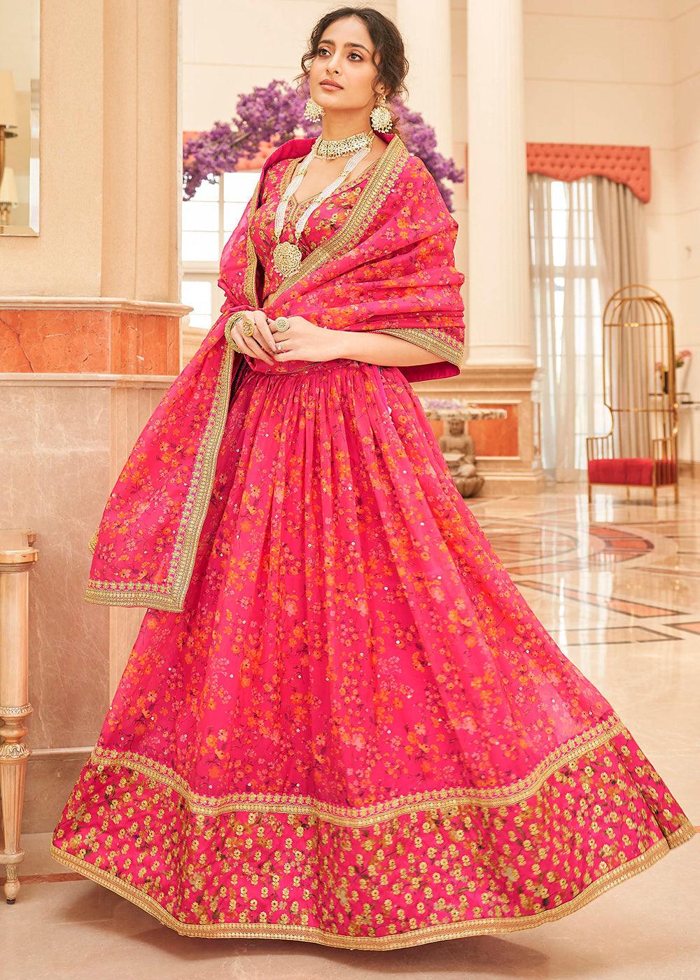 French Pink Organza Lehenga with Thread, Zari,Dori & Sequins work - qivii