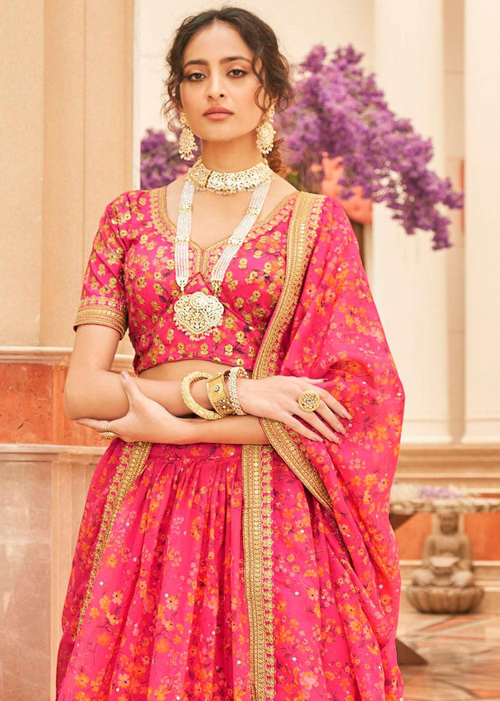 French Pink Organza Lehenga with Thread, Zari,Dori & Sequins work - qivii