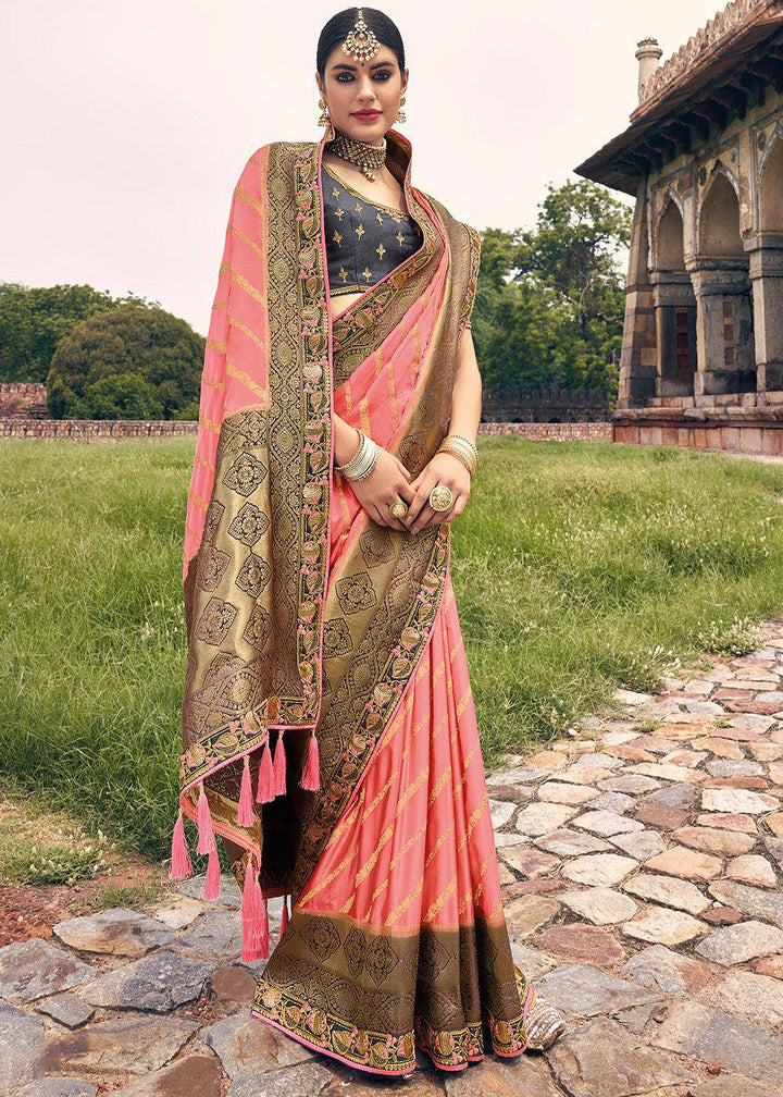 French Pink Zari Woven Banarasi Silk Saree with Embroidered Blouse | Stitched Blouse - qivii