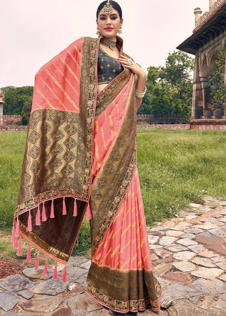 French Pink Zari Woven Banarasi Silk Saree with Embroidered Blouse | Stitched Blouse - qivii