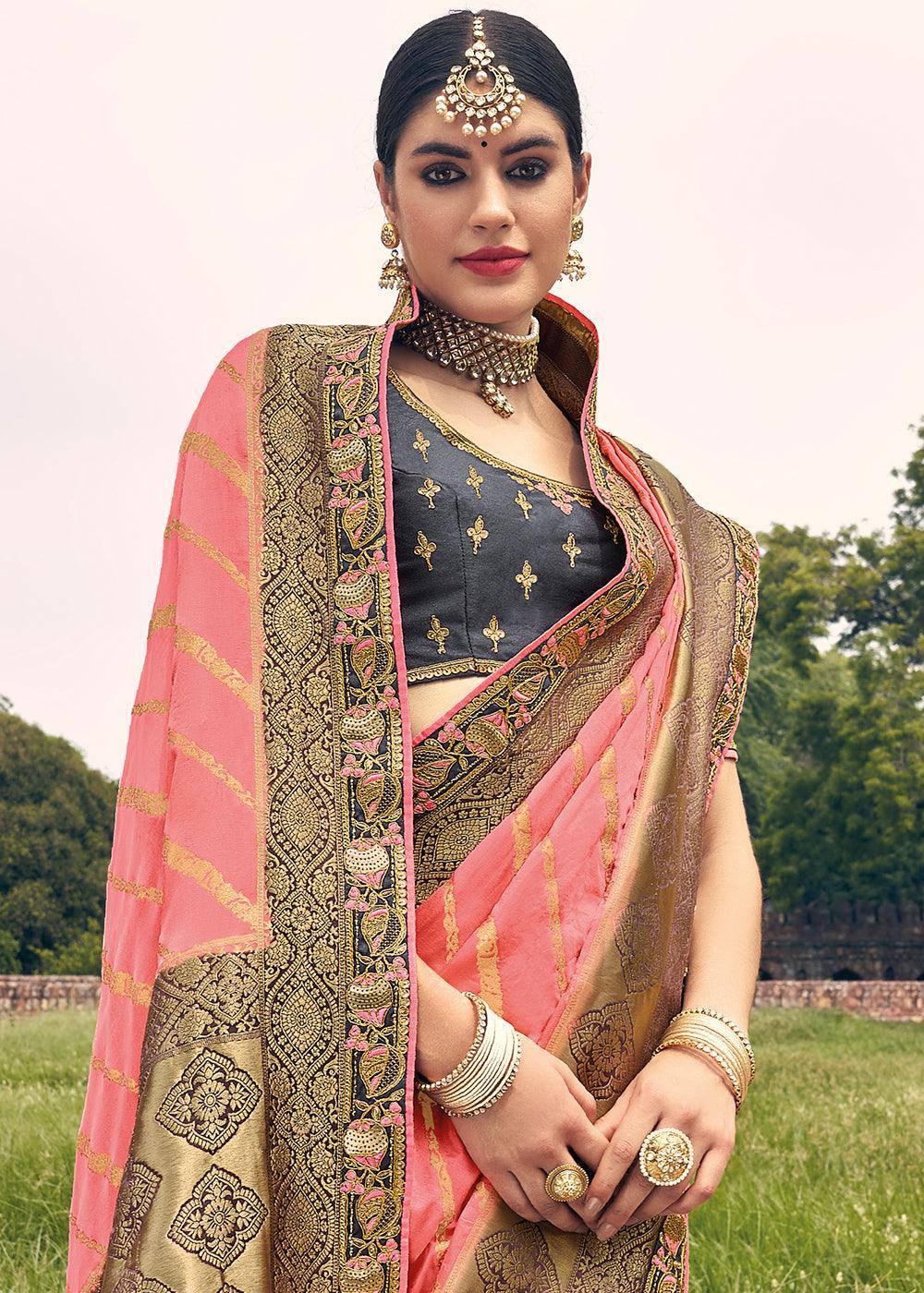 French Pink Zari Woven Banarasi Silk Saree with Embroidered Blouse | Stitched Blouse - qivii