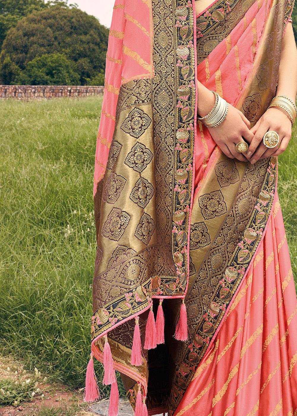 French Pink Zari Woven Banarasi Silk Saree with Embroidered Blouse | Stitched Blouse - qivii