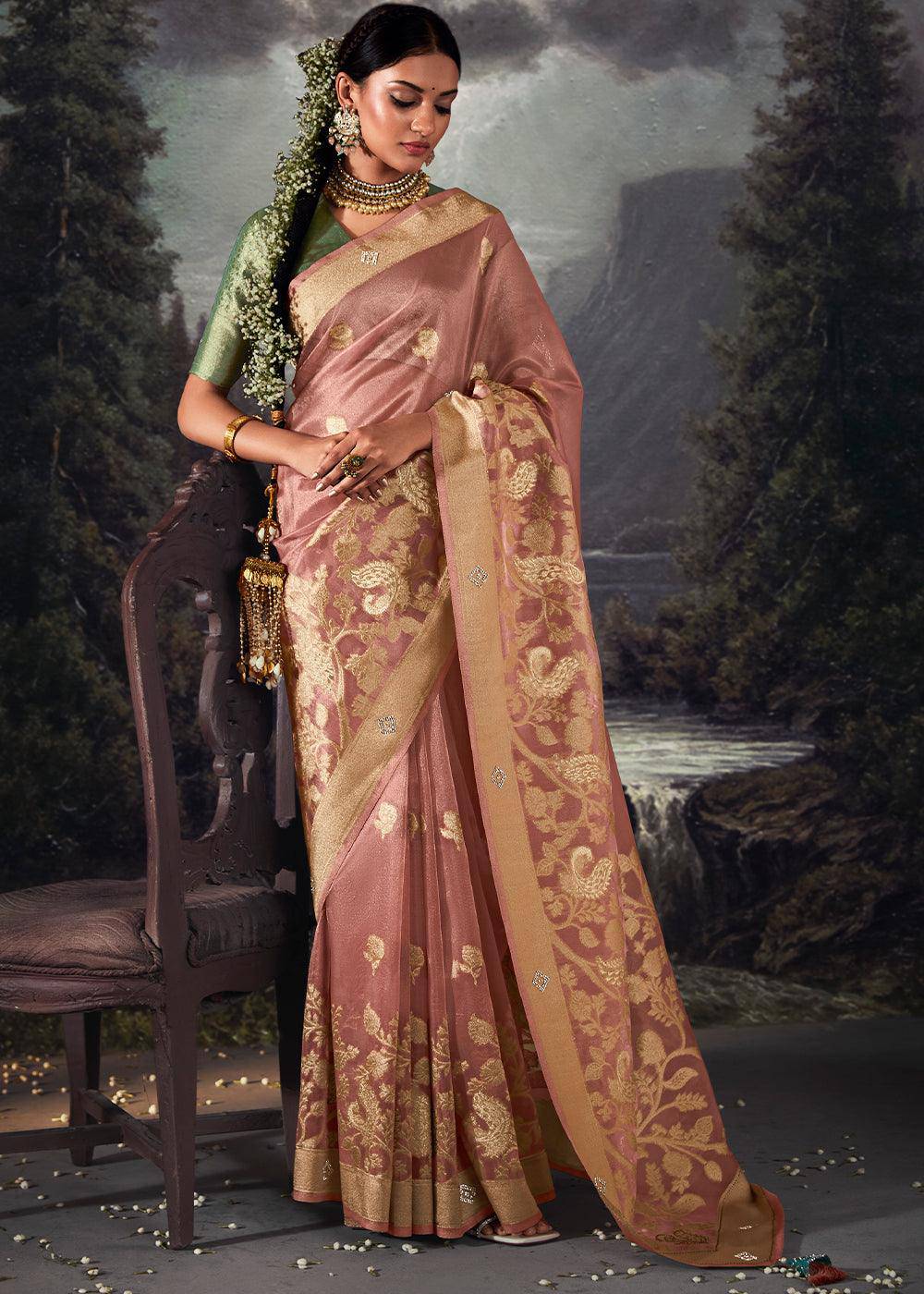 French Pink Zari Woven Organza Silk Saree with Swarovski Work | Stitched Blouse - qivii