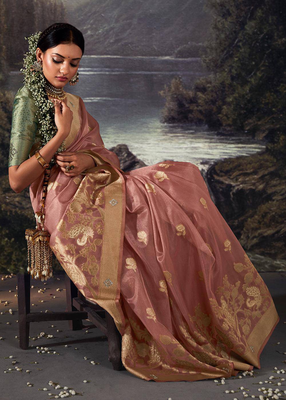 French Pink Zari Woven Organza Silk Saree with Swarovski Work | Stitched Blouse - qivii