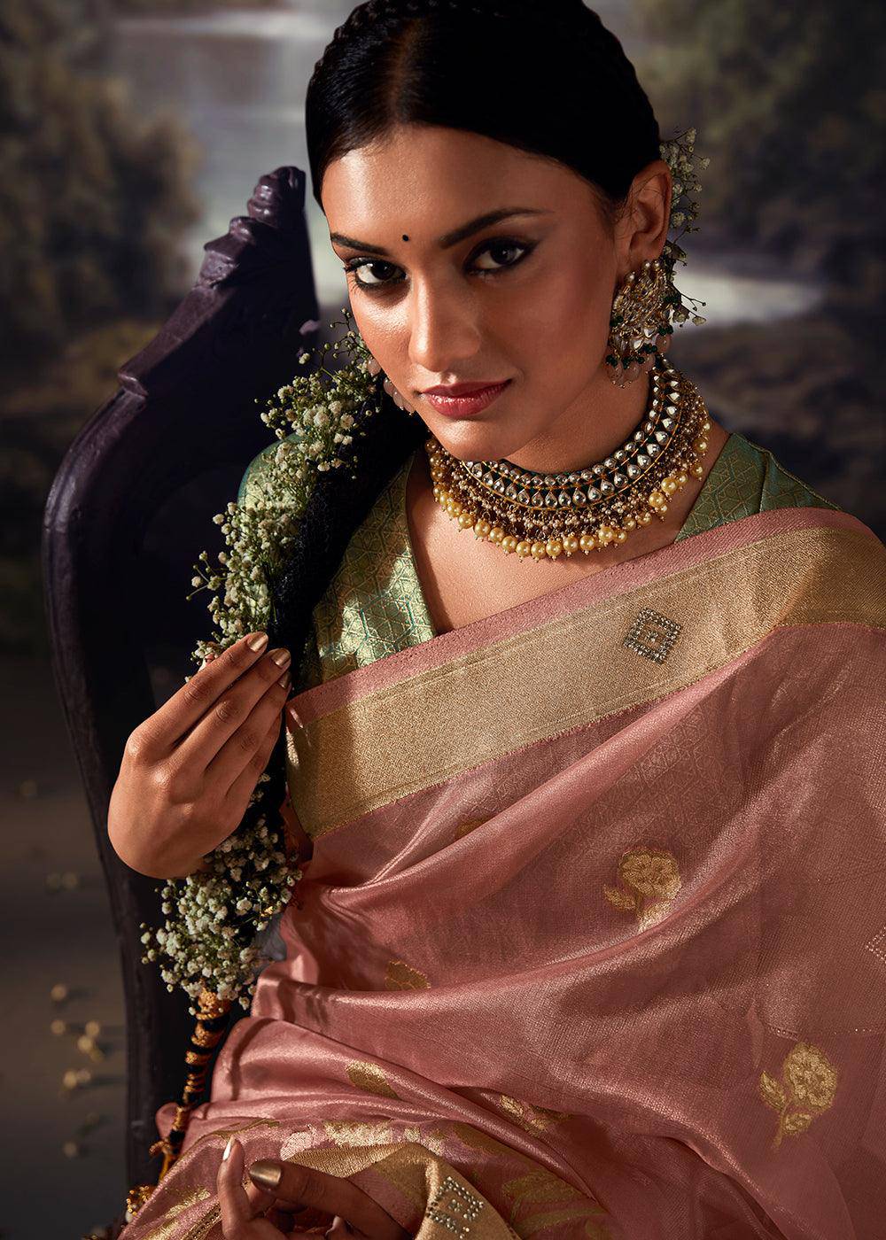 French Pink Zari Woven Organza Silk Saree with Swarovski Work | Stitched Blouse - qivii