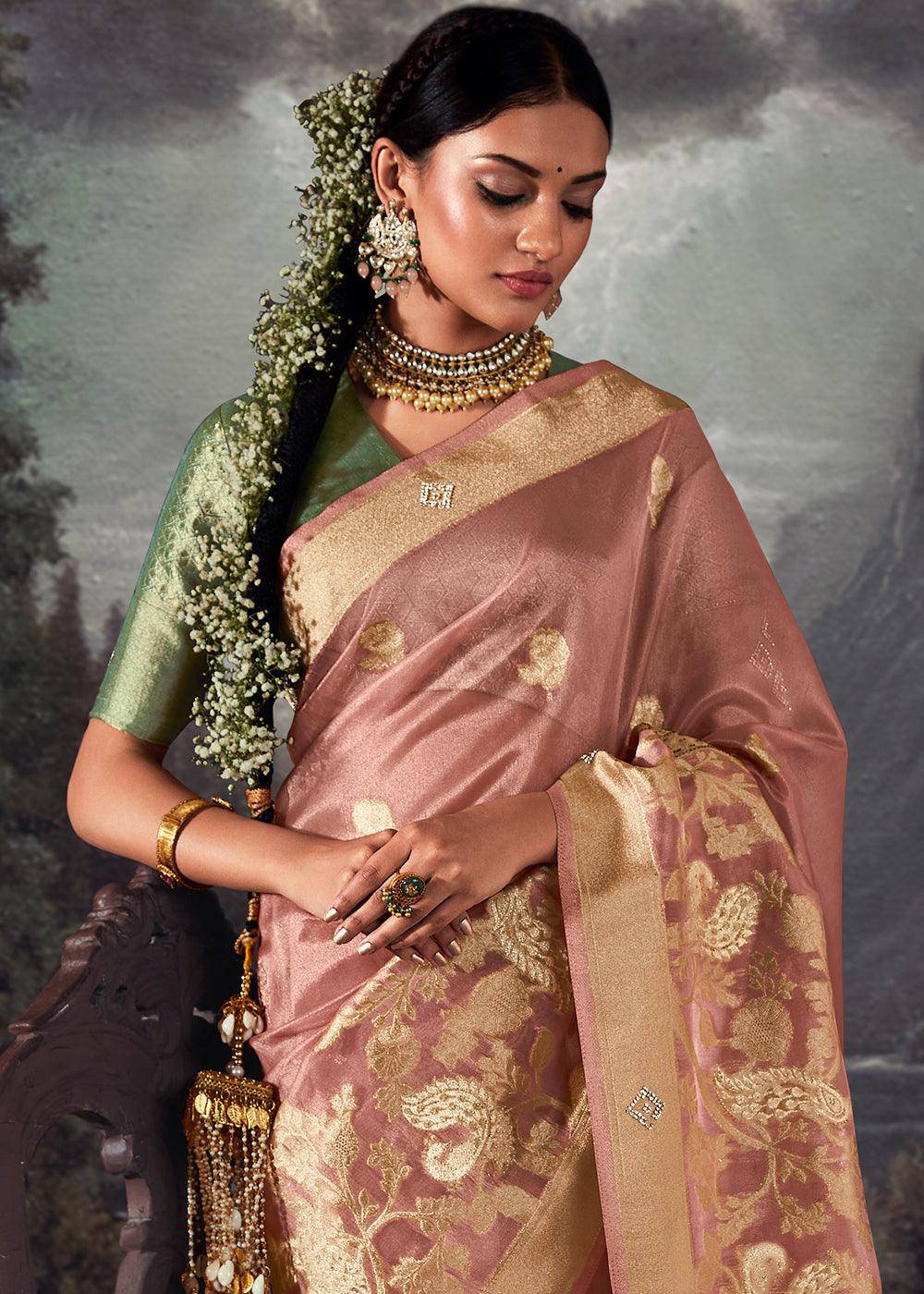 French Pink Zari Woven Organza Silk Saree with Swarovski Work | Stitched Blouse - qivii