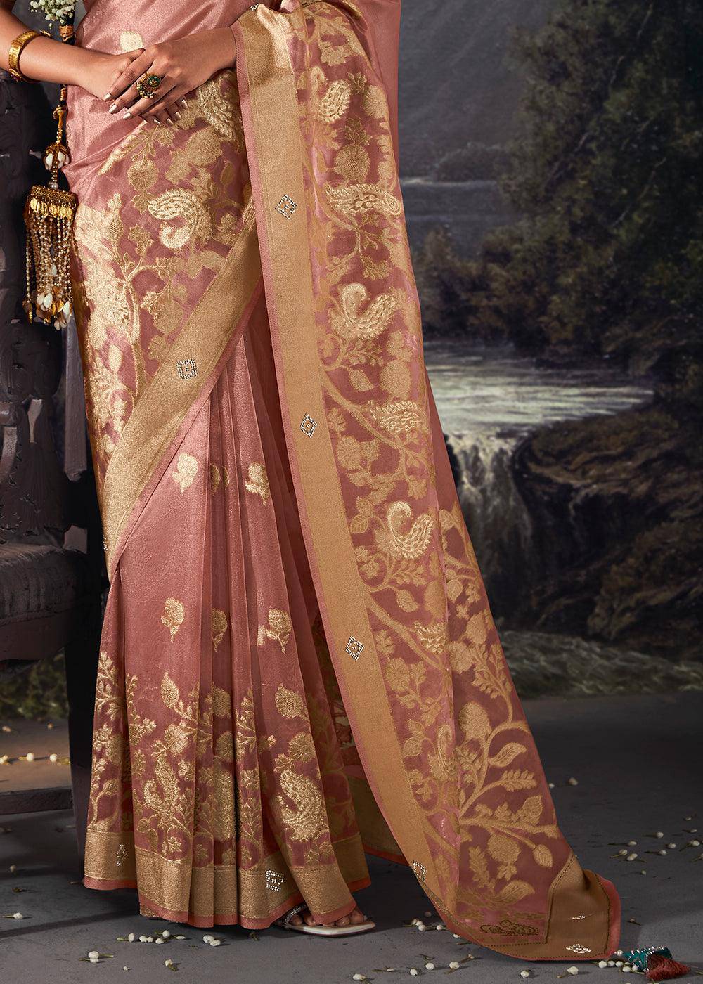 French Pink Zari Woven Organza Silk Saree with Swarovski Work | Stitched Blouse - qivii