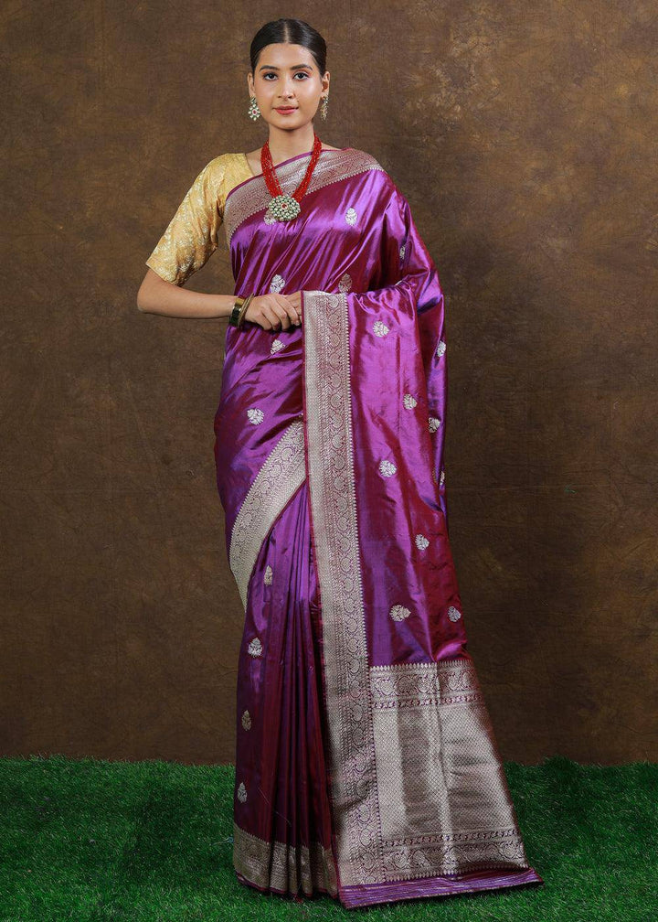 French Purple Hand Woven Pure Katan Silk Saree | Stitched Blouse - qivii