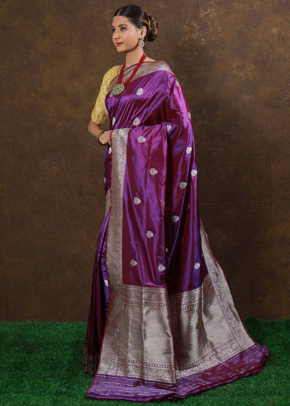 French Purple Hand Woven Pure Katan Silk Saree | Stitched Blouse - qivii